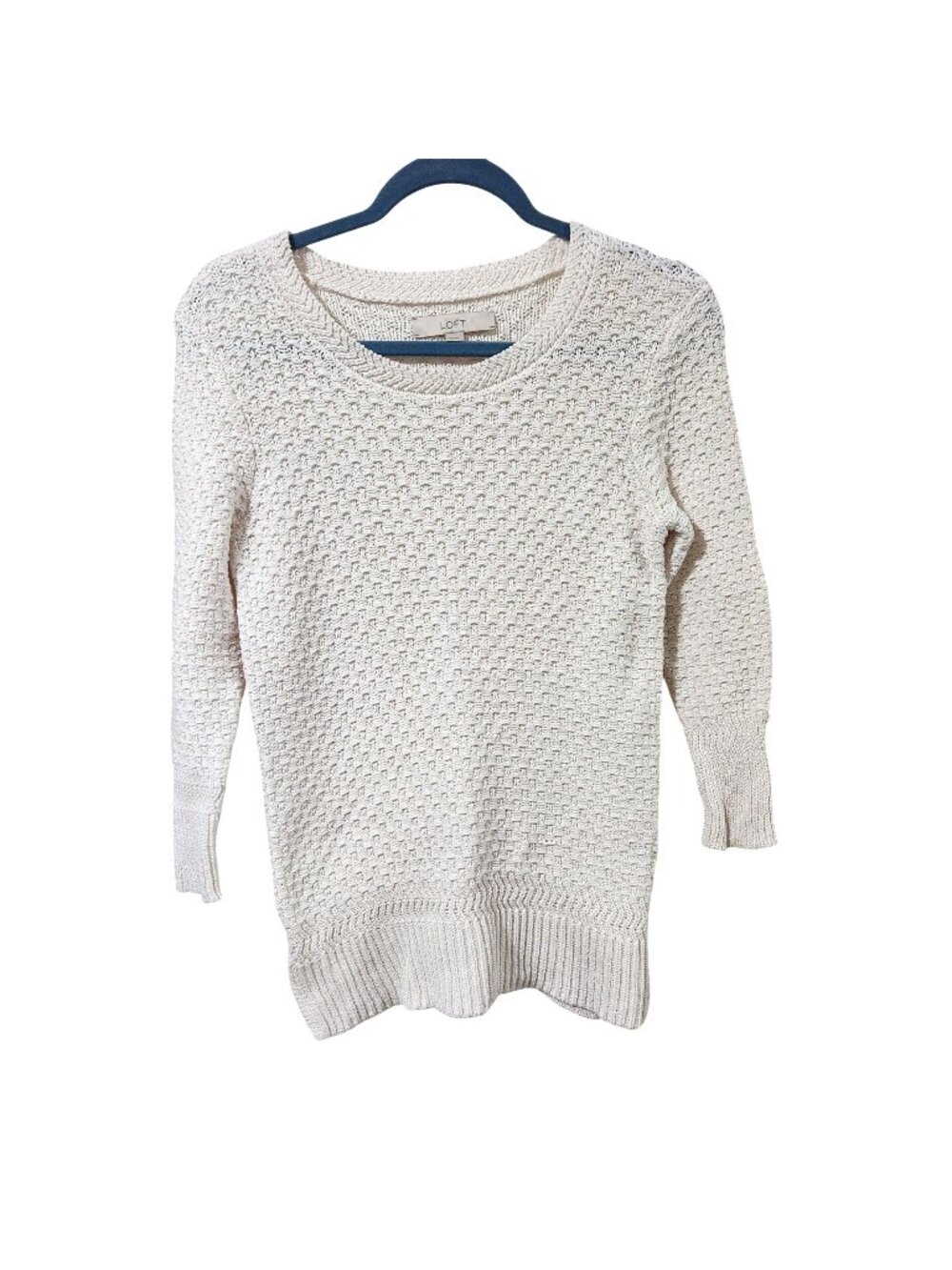 Ann Taylor Loft Off White Textured Knit Sweater Round Neck 3/4 Sleeves XS READ